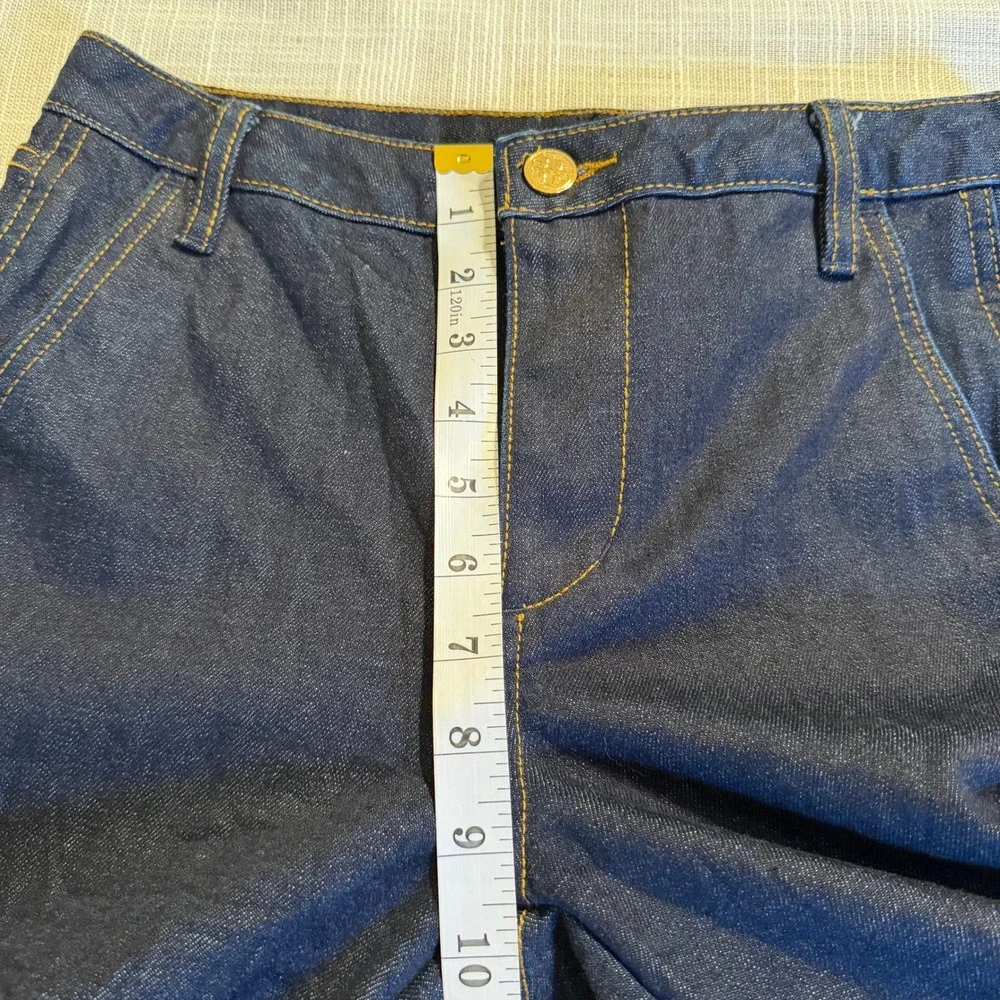 Tory Burch Dark Wash Wide Leg Denim Jeans Gold Logo Size 26 Indigo Stretch